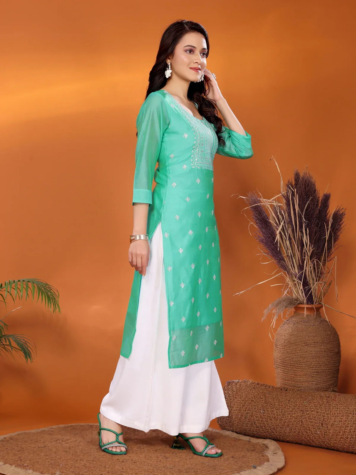 Buy Viscose Blend Embroidered Calf Length Straight Kurta-Sea Green