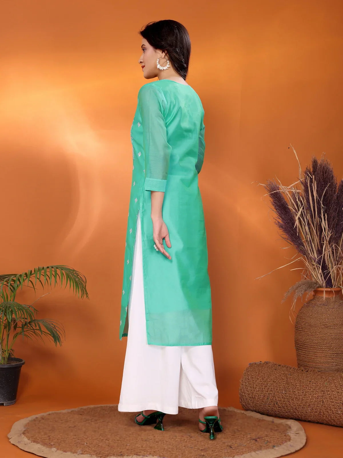 Buy Viscose Blend Embroidered Calf Length Straight Kurta-Sea Green