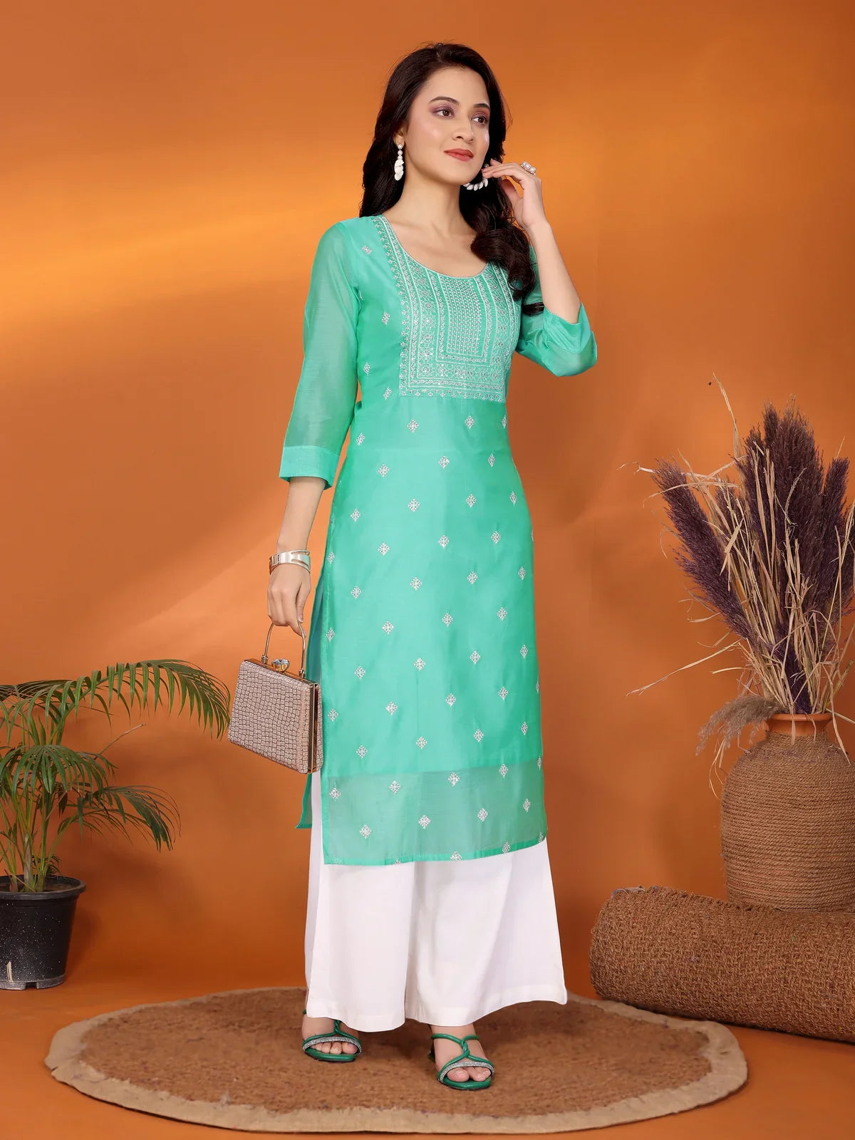 Buy Viscose Blend Embroidered Calf Length Straight Kurta-Sea Green