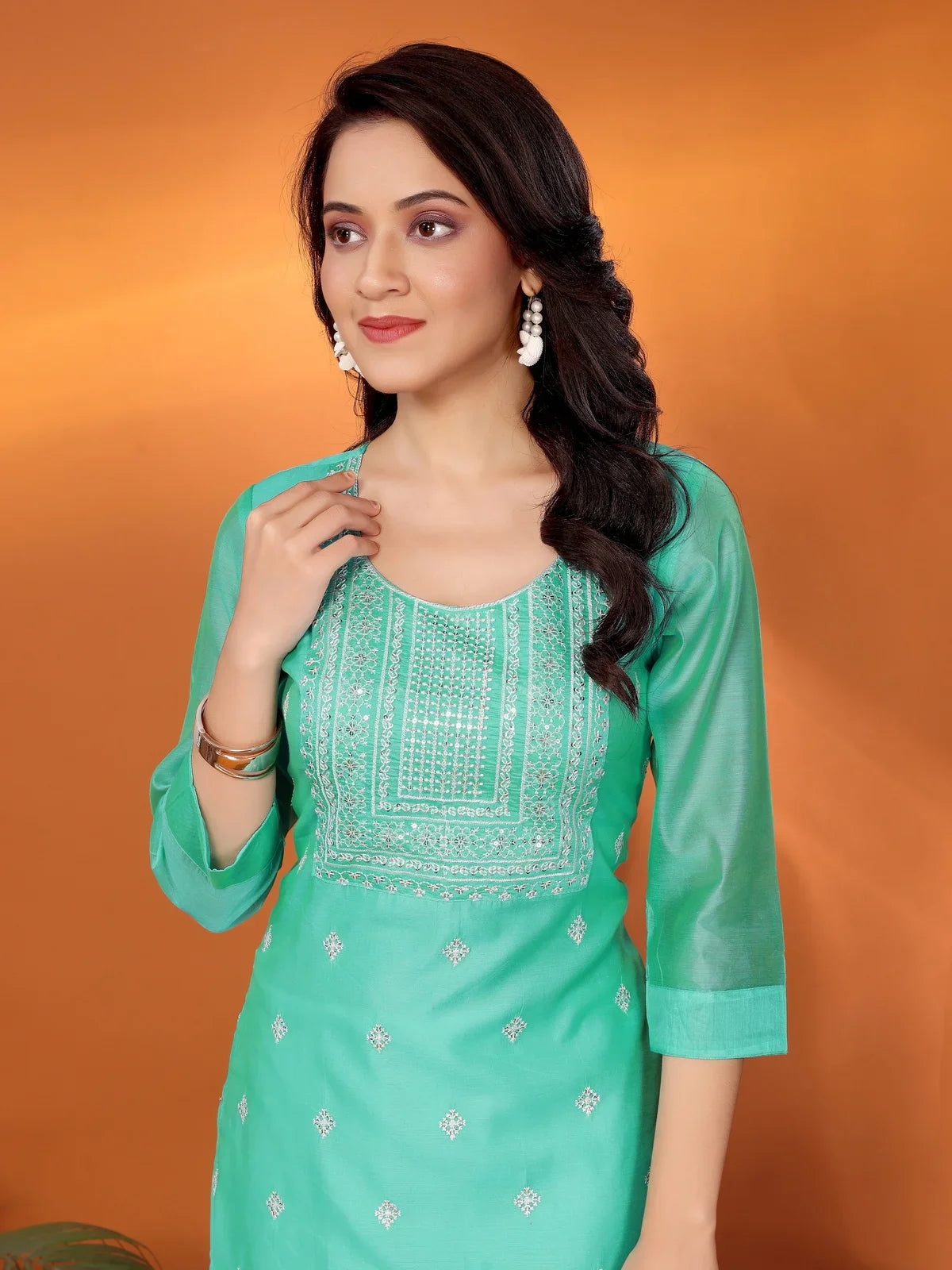 Buy Viscose Blend Embroidered Calf Length Straight Kurta-Sea Green