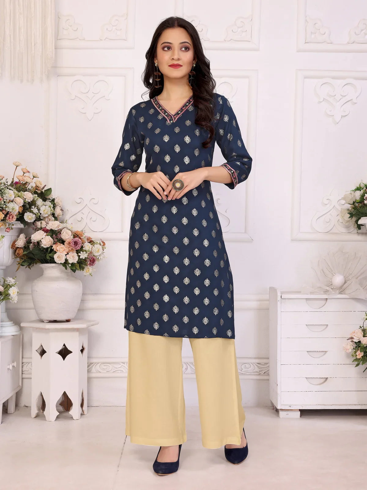 Buy Rayon Embroidered Knee Length Straight Kurta-Navy Blue