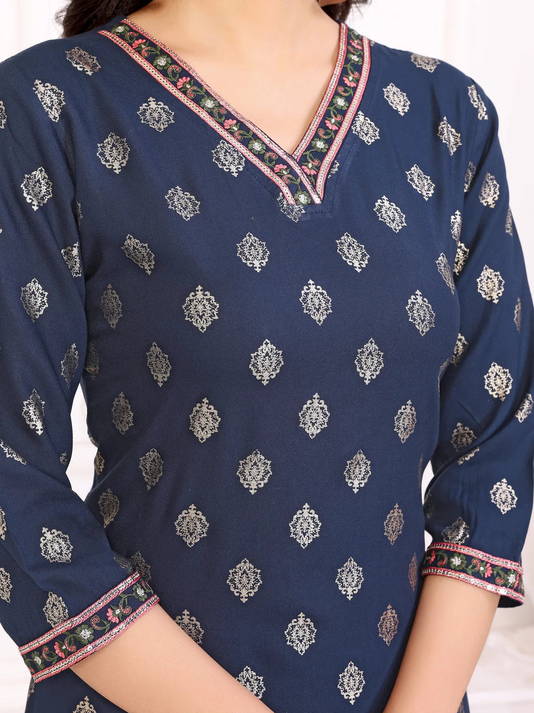 Buy Rayon Embroidered Knee Length Straight Kurta-Navy Blue