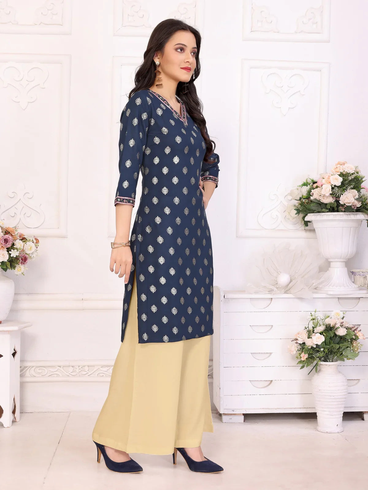 Buy Rayon Embroidered Knee Length Straight Kurta-Navy Blue