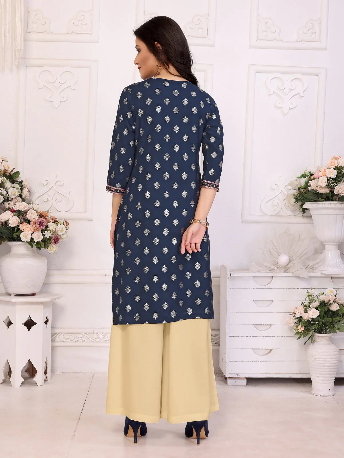 Buy Rayon Embroidered Knee Length Straight Kurta-Navy Blue