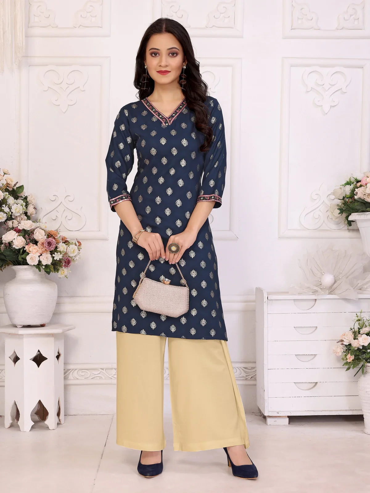 Buy Rayon Embroidered Knee Length Straight Kurta-Navy Blue