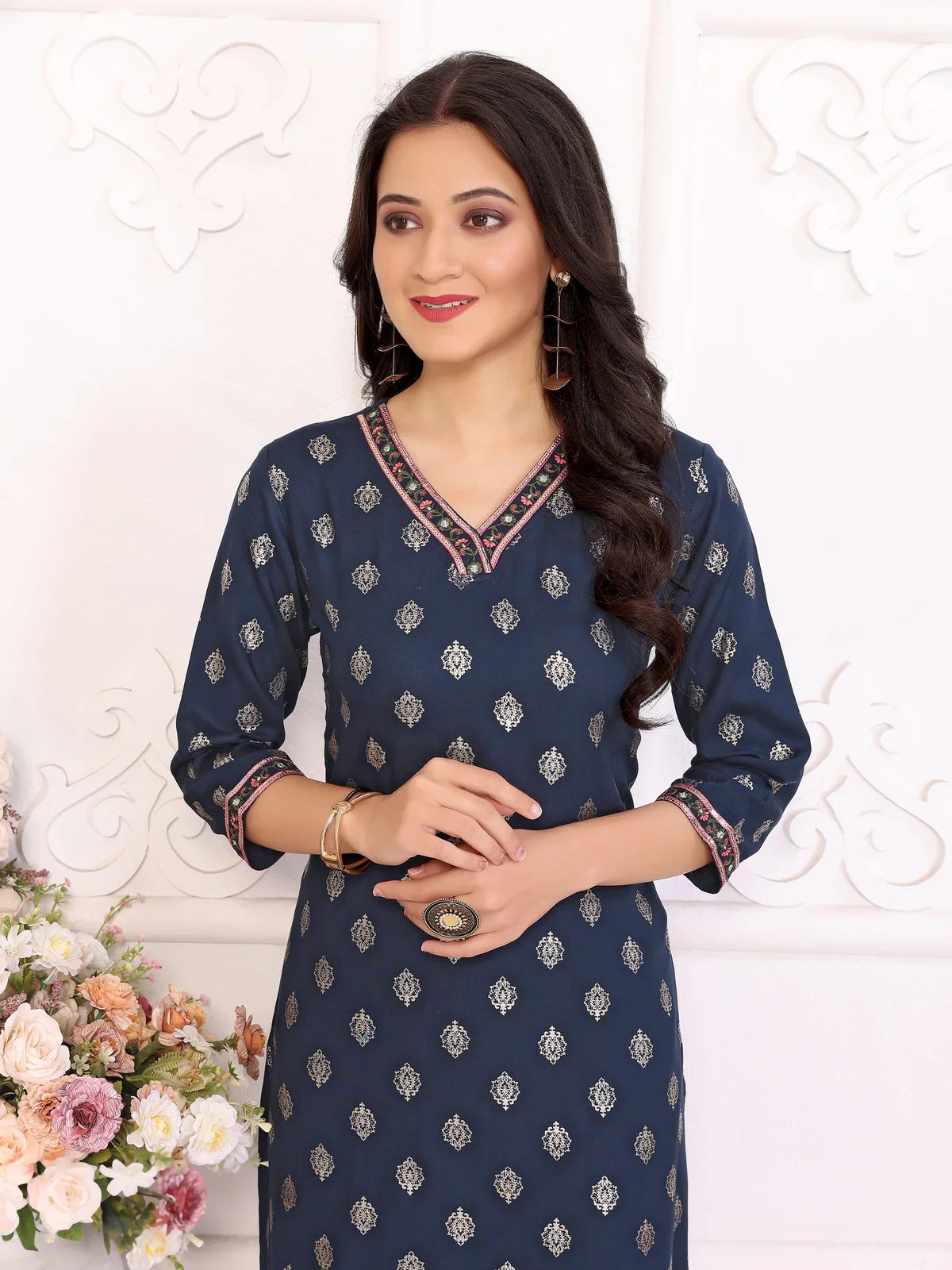 Buy Rayon Embroidered Knee Length Straight Kurta-Navy Blue