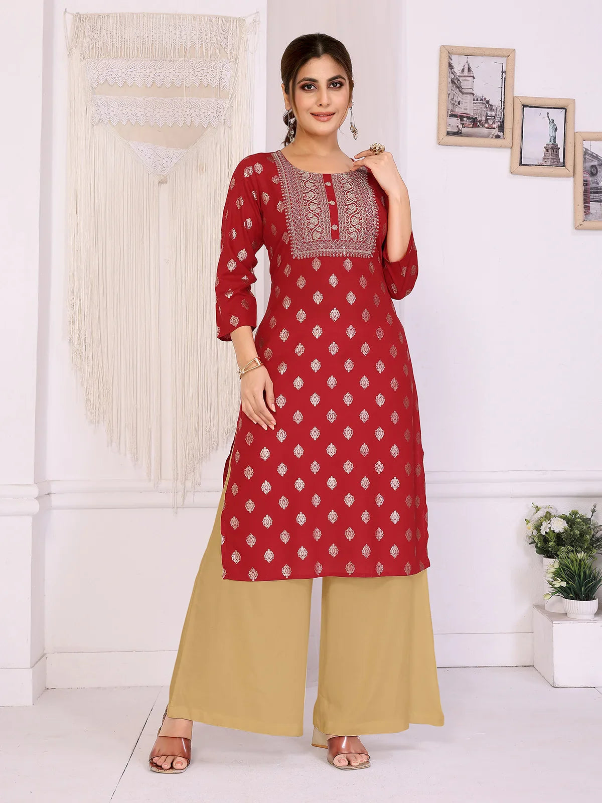 Buy Rayon Embroide Straight Calf Length Kurta-Red
