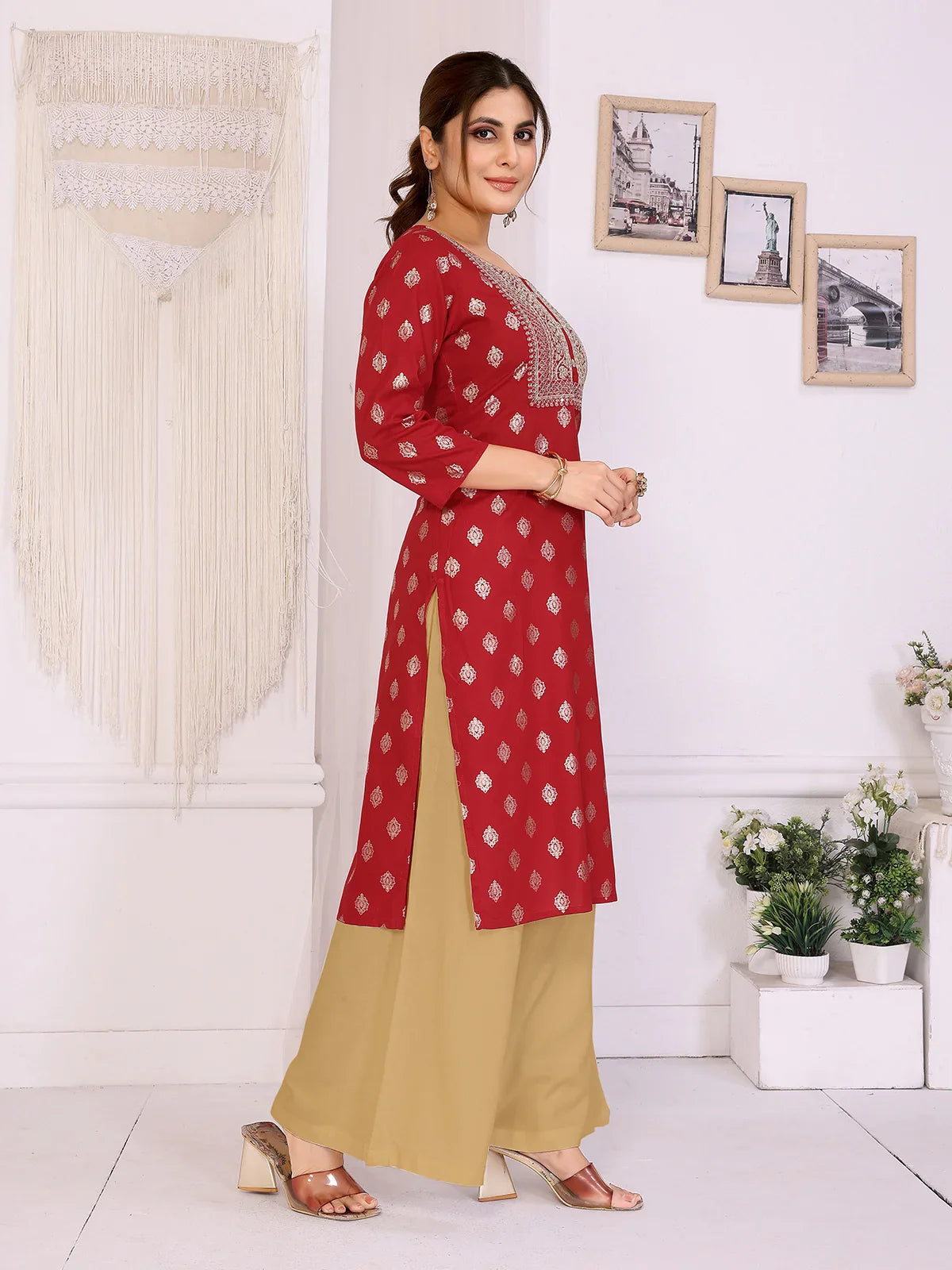Buy Rayon Embroide Straight Calf Length Kurta-Red