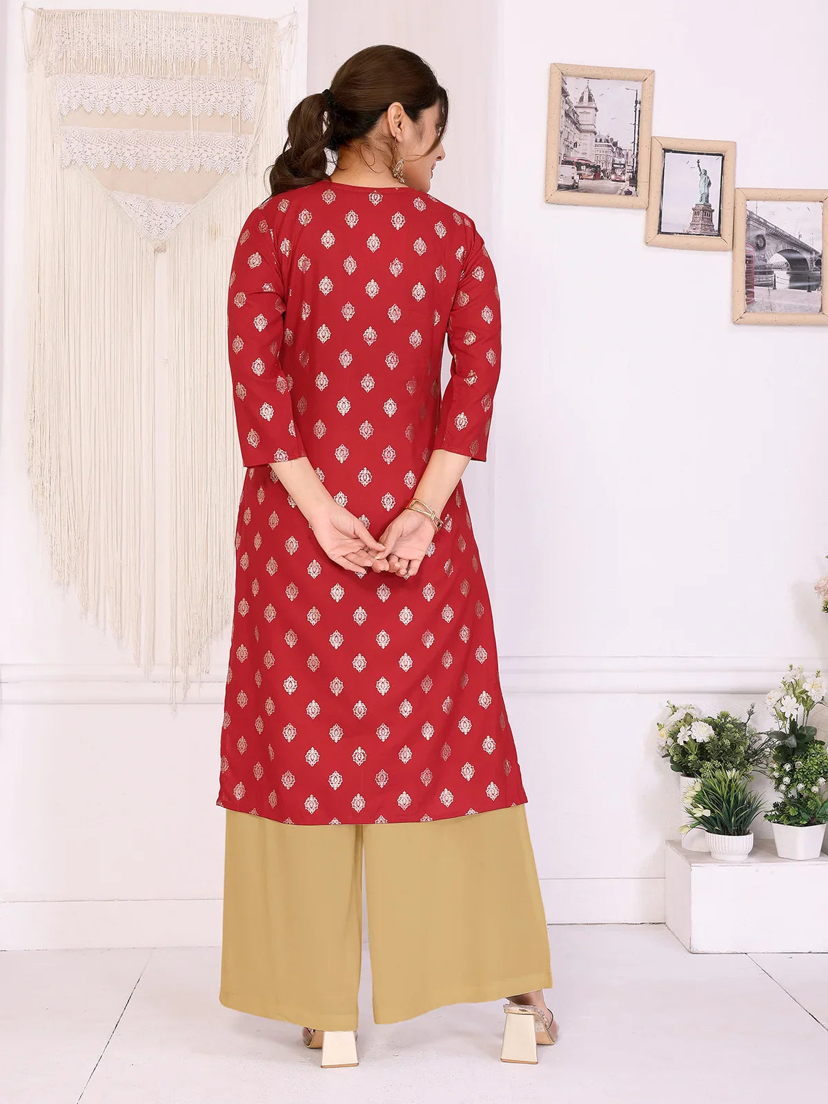 Buy Rayon Embroide Straight Calf Length Kurta-Red