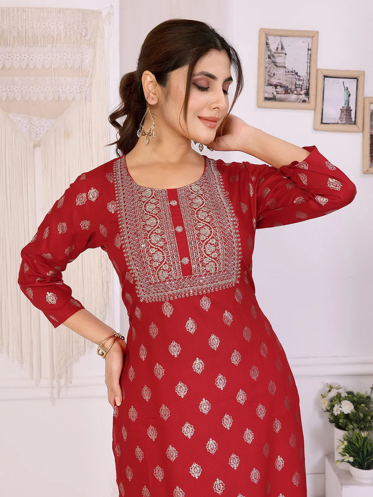 Buy Rayon Embroide Straight Calf Length Kurta-Red