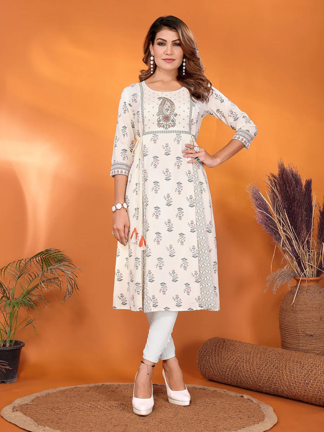 Buy Rayon Embellished Flared Calf Length Kurta-Off White