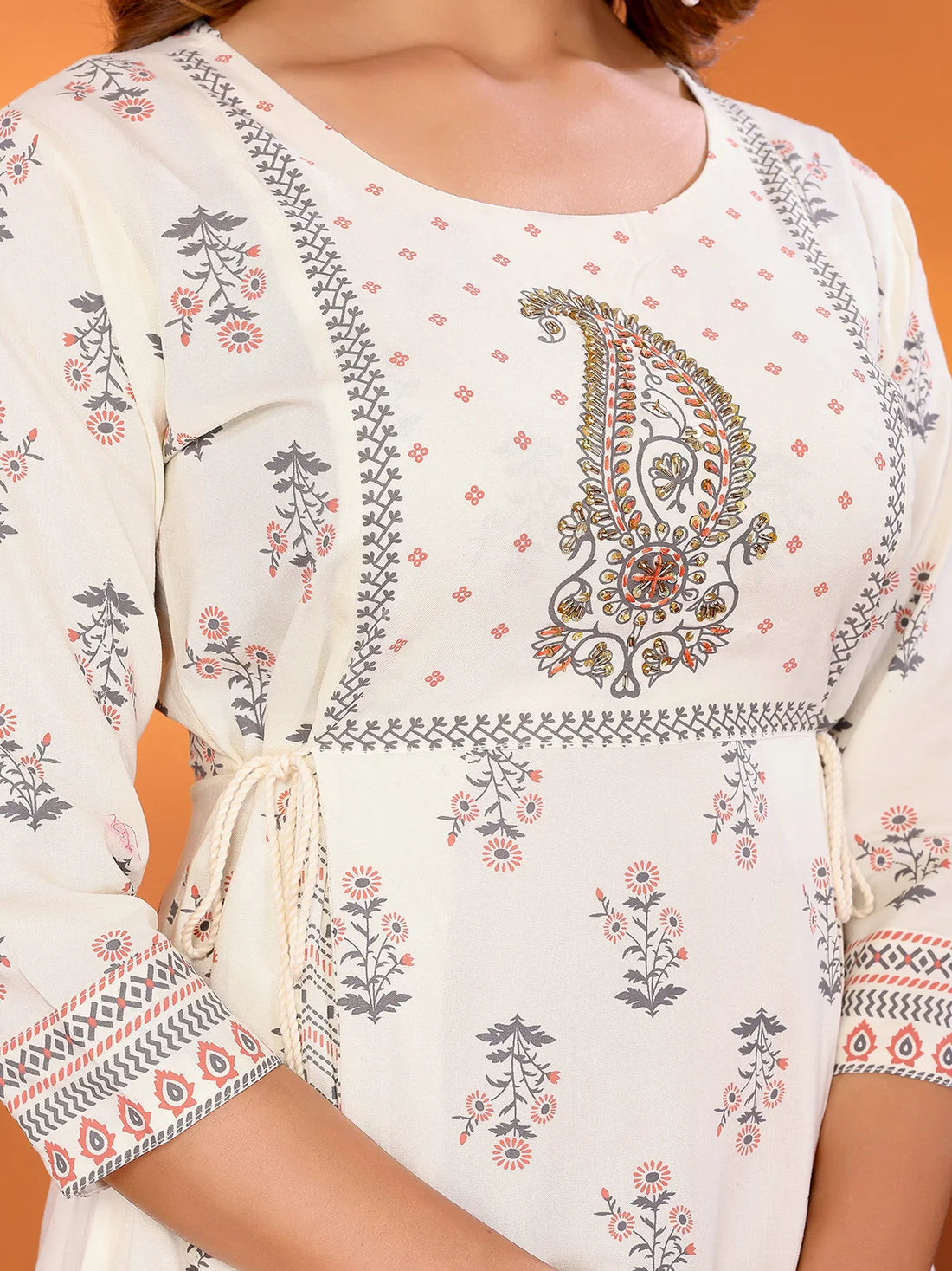 Buy Rayon Embellished Flared Calf Length Kurta-Off White