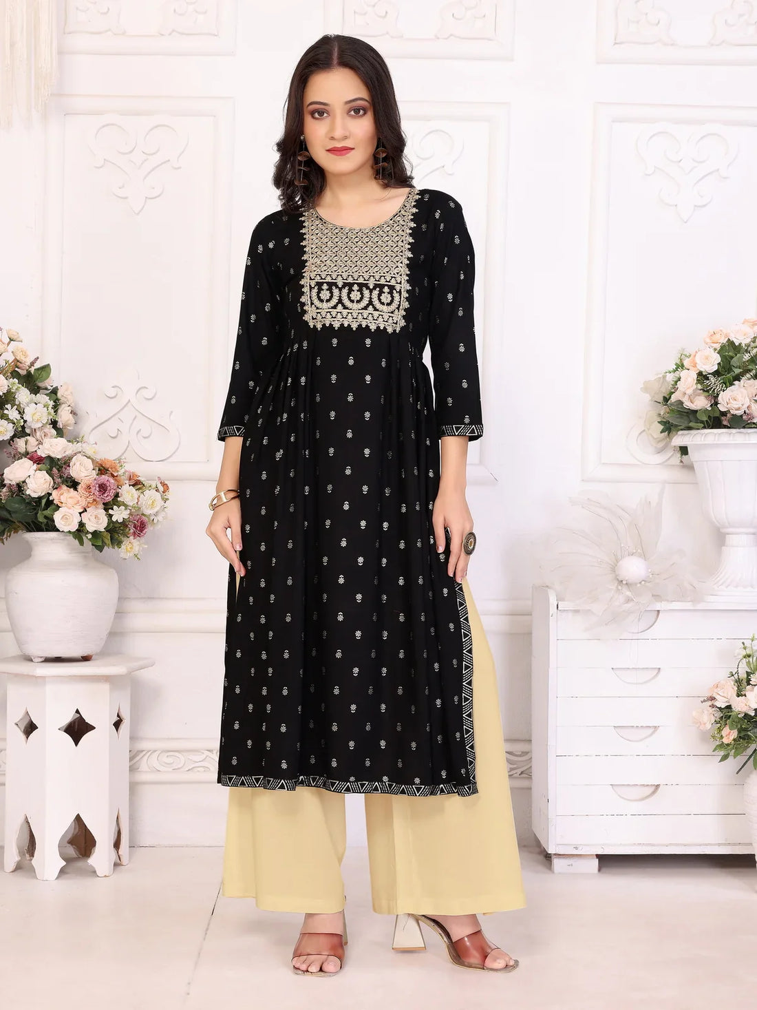 Buy Rayon Embroidered Calf Length Nayra Style Kurta-Black