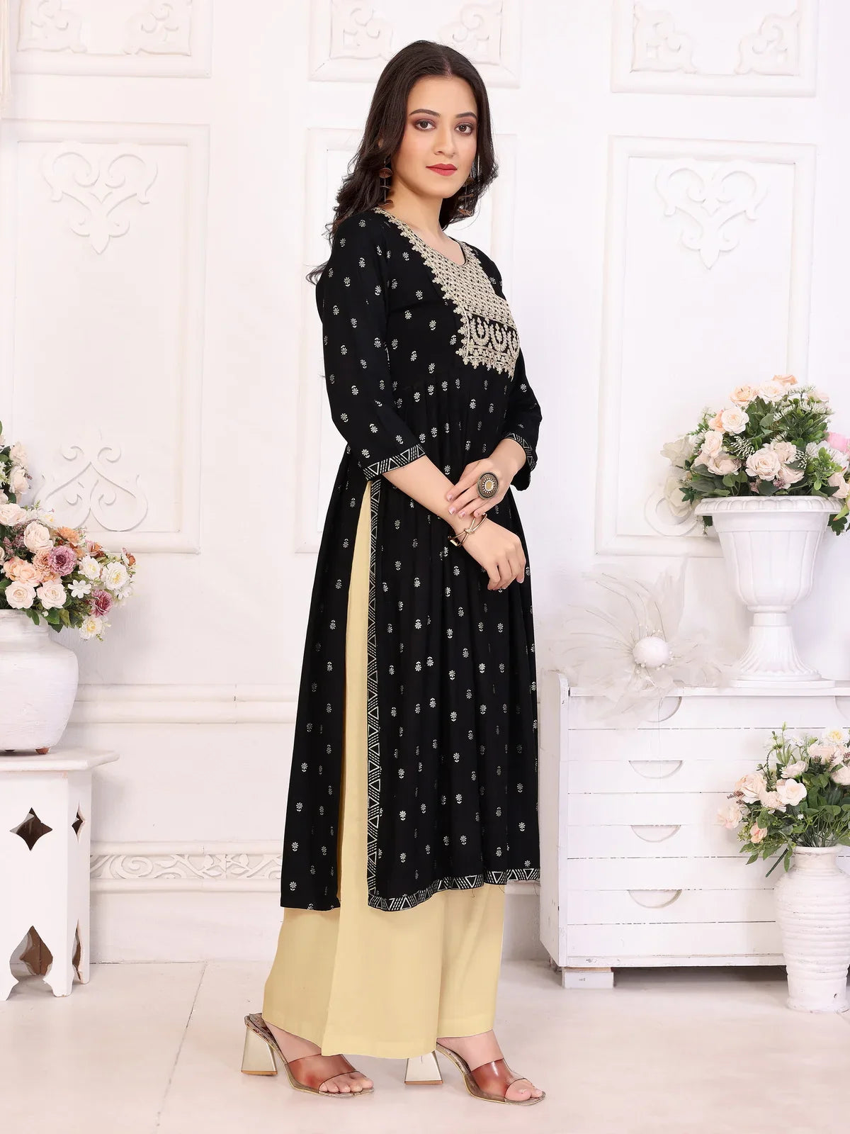 Buy Rayon Embroidered Calf Length Nayra Style Kurta-Black