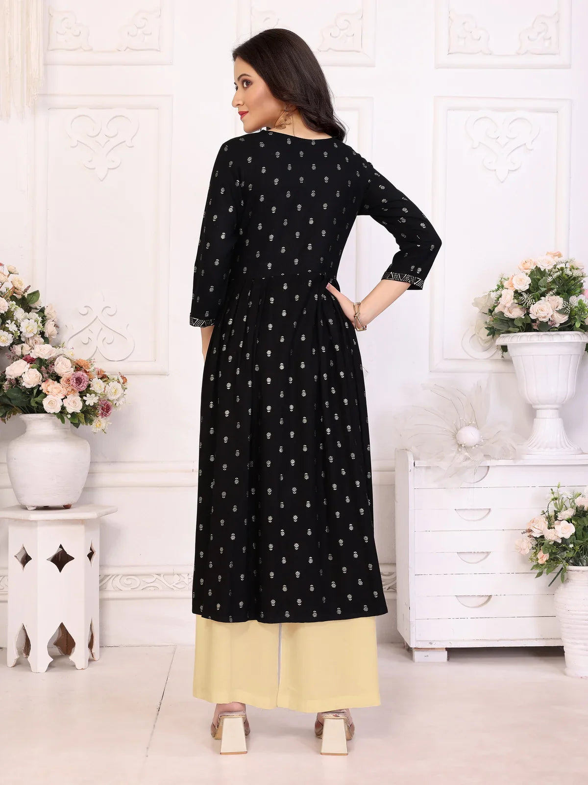 Buy Rayon Embroidered Calf Length Nayra Style Kurta-Black