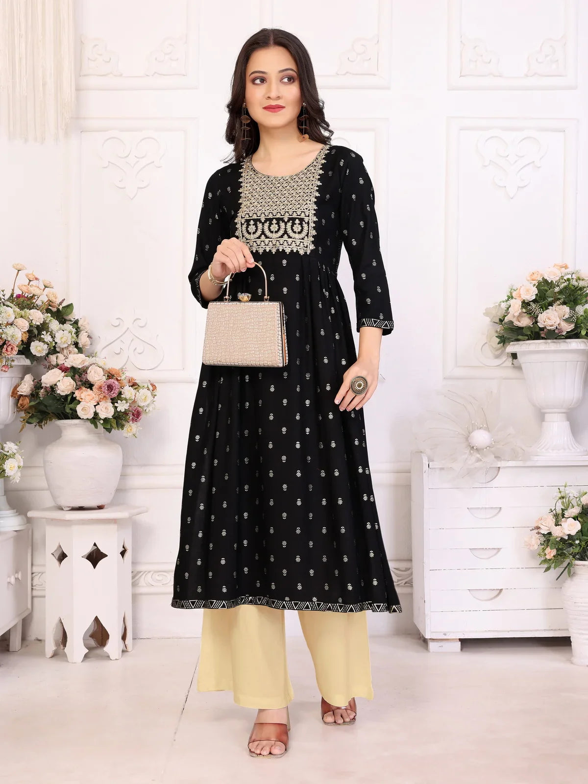 Buy Rayon Embroidered Calf Length Nayra Style Kurta-Black