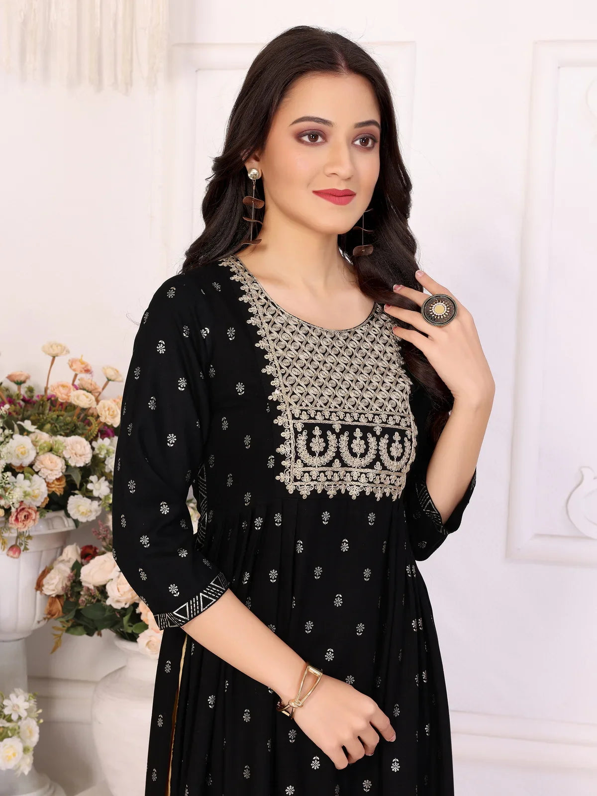 Buy Rayon Embroidered Calf Length Nayra Style Kurta-Black