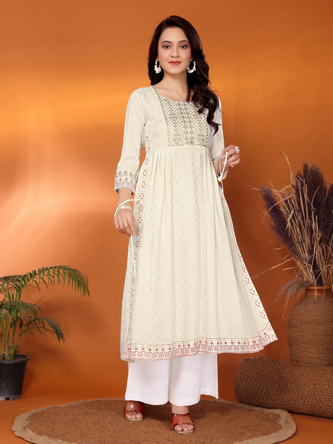 Buy Rayon Embroidered Calf Length Nayra Style Kurta-Off White