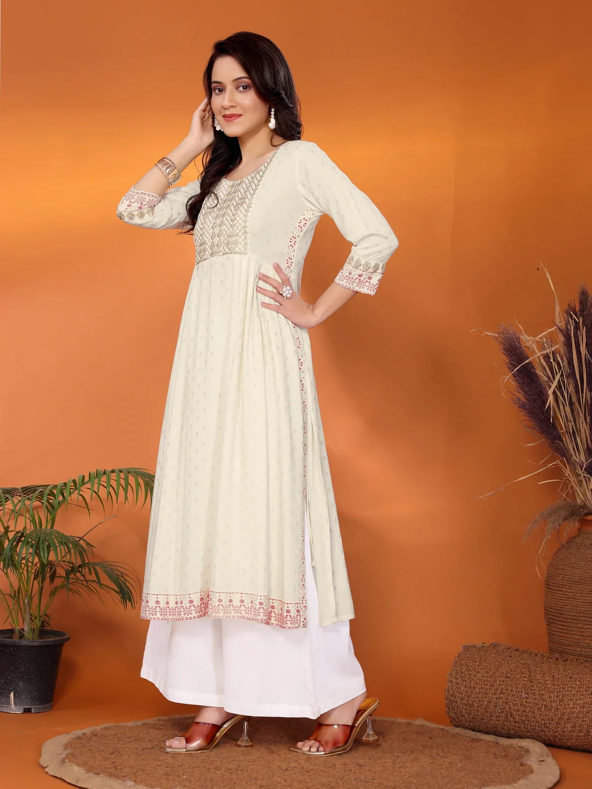 Buy Rayon Embroidered Calf Length Nayra Style Kurta-Off White