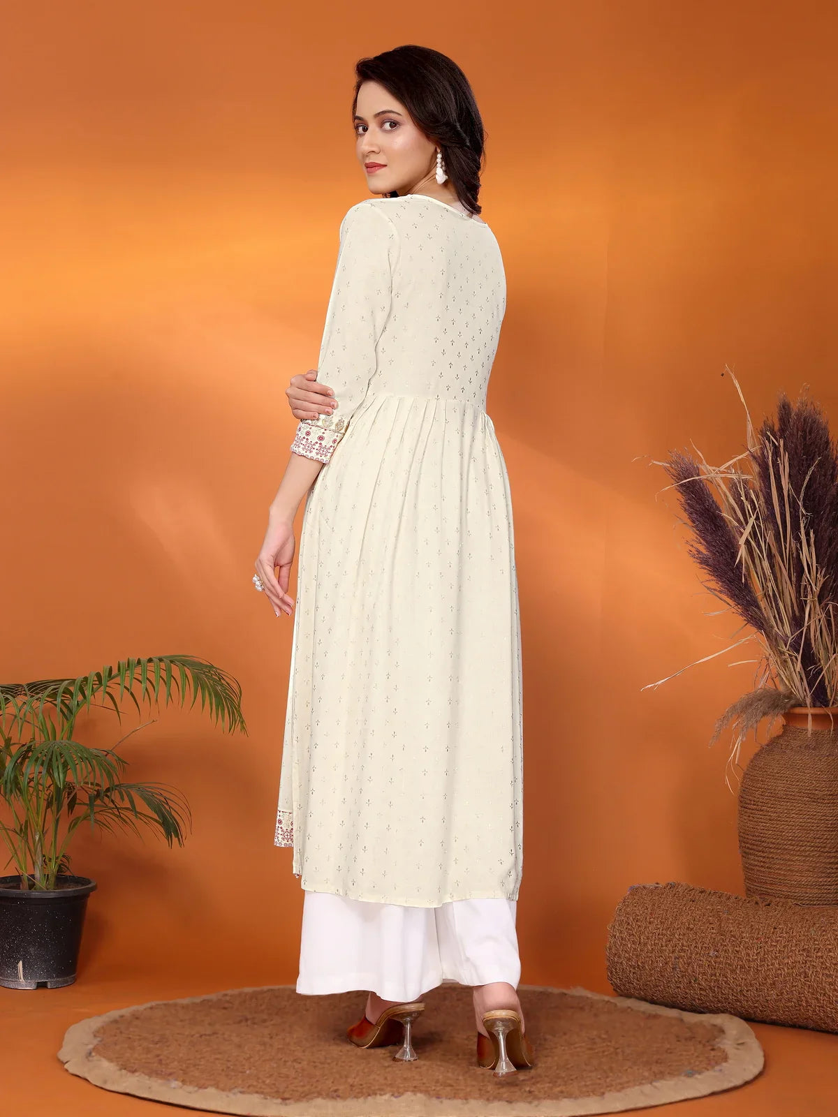 Buy Rayon Embroidered Calf Length Nayra Style Kurta-Off White