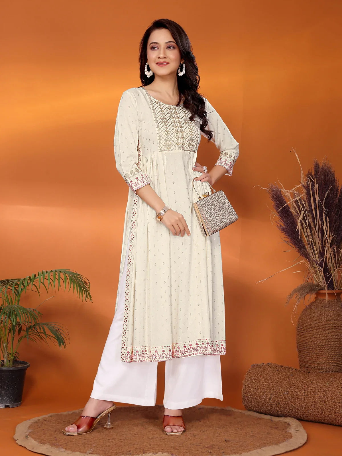 Buy Rayon Embroidered Calf Length Nayra Style Kurta-Off White