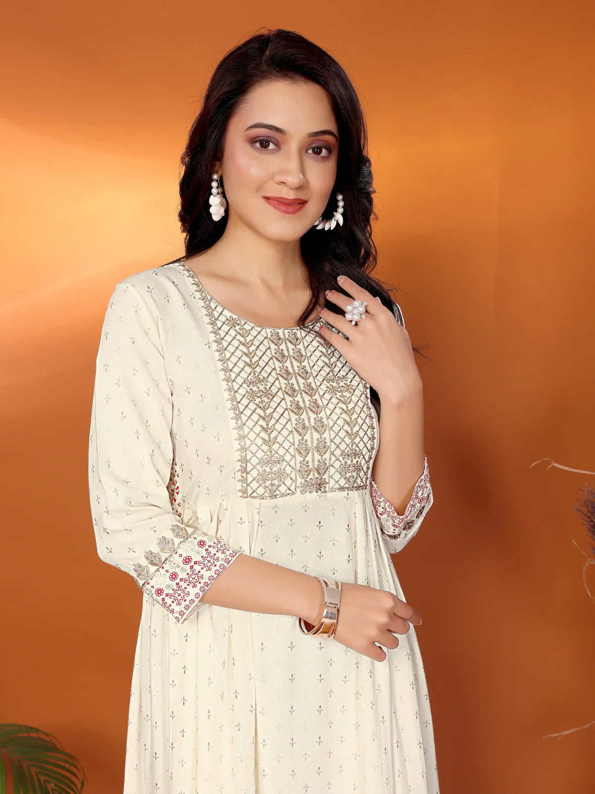 Buy Rayon Embroidered Calf Length Nayra Style Kurta-Off White