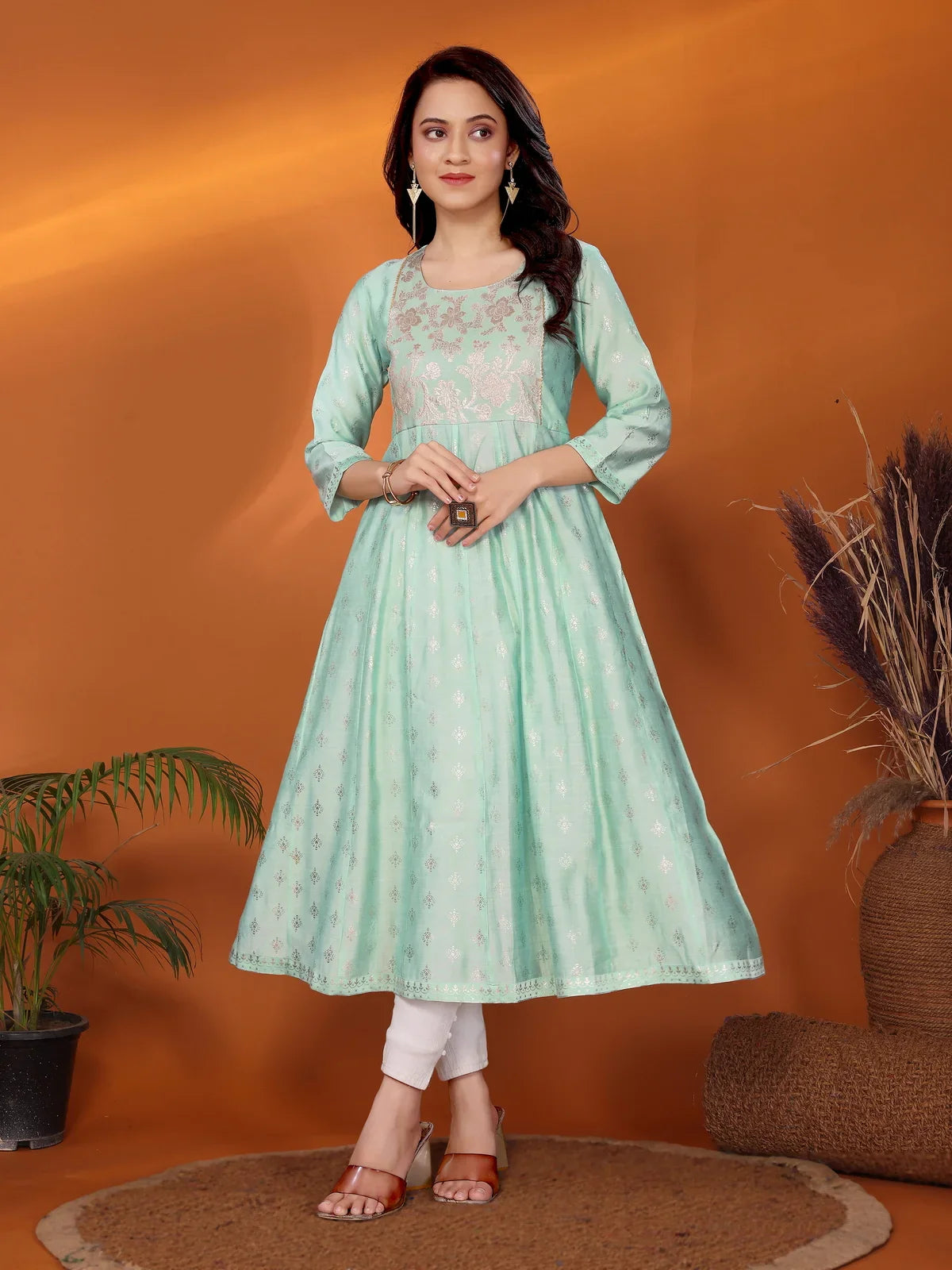 Buy Viscose Blend Printed Calf Length Anarkali Kurta-Green