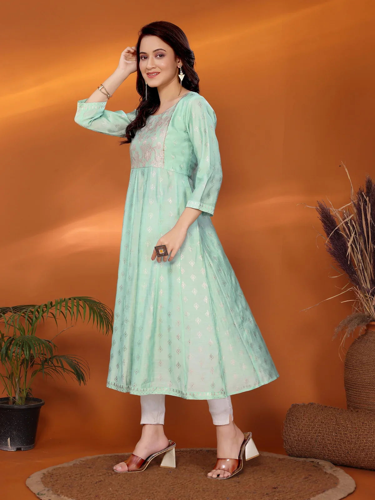 Buy Viscose Blend Printed Calf Length Anarkali Kurta-Green