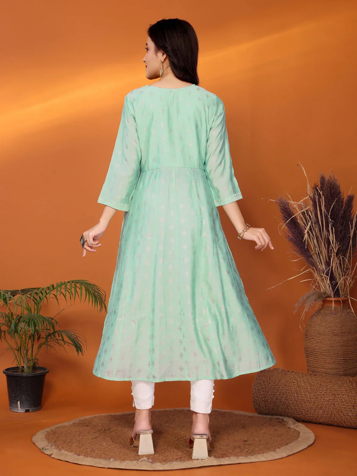 Buy Viscose Blend Printed Calf Length Anarkali Kurta-Green