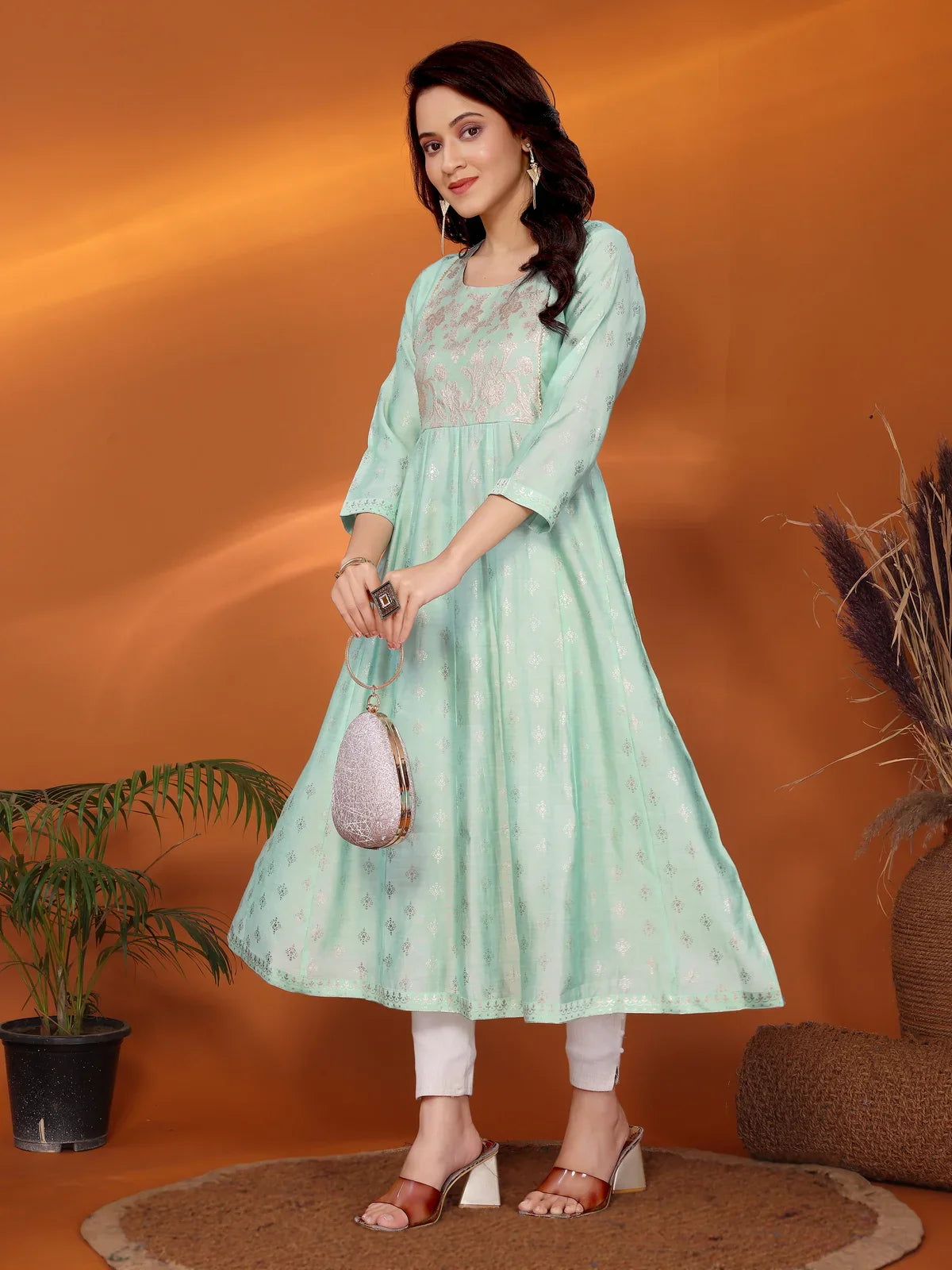 Buy Viscose Blend Printed Calf Length Anarkali Kurta-Green