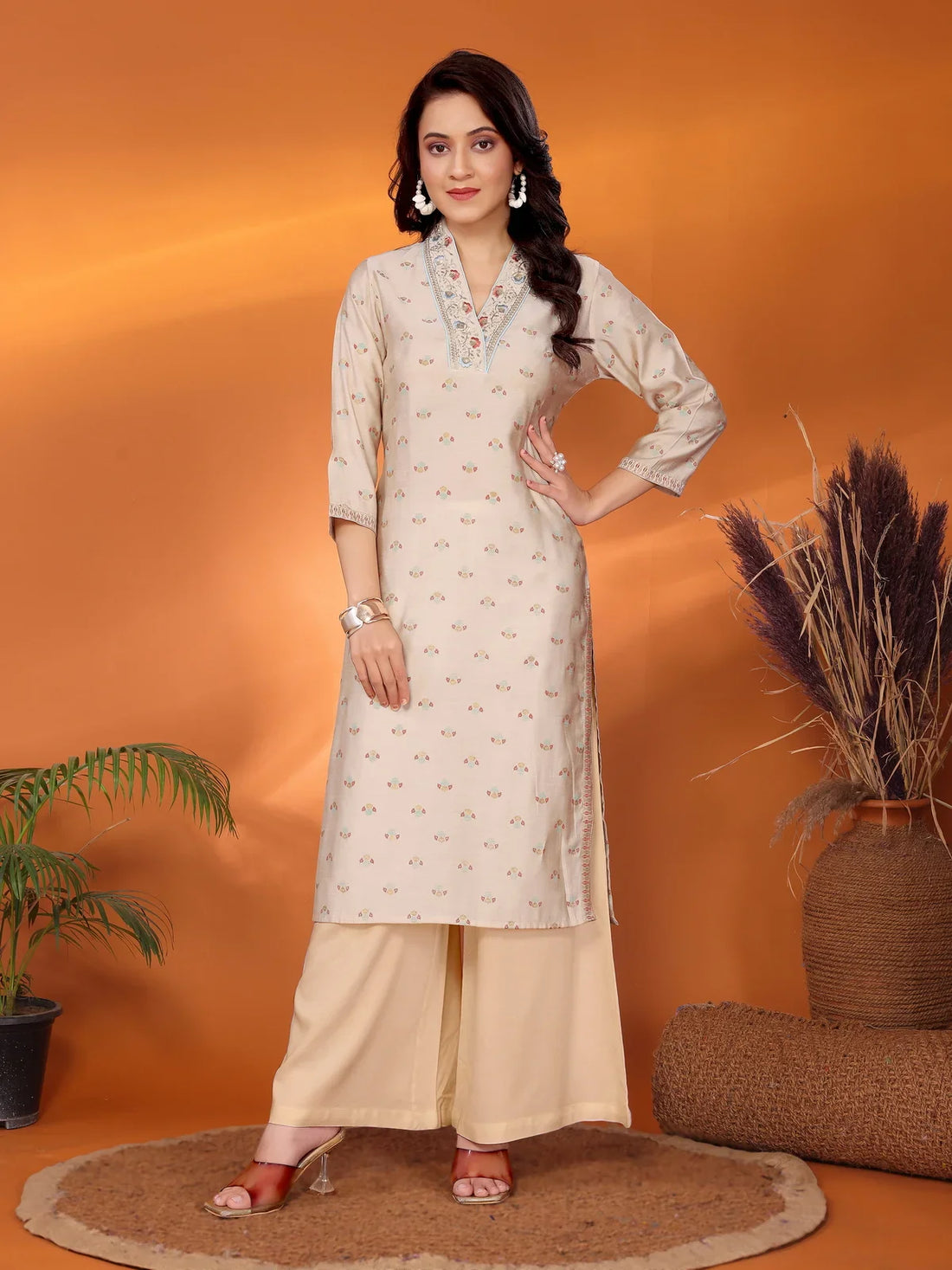 Buy Viscose Blend Embroidered Calf Length Straight Kurta-Beige