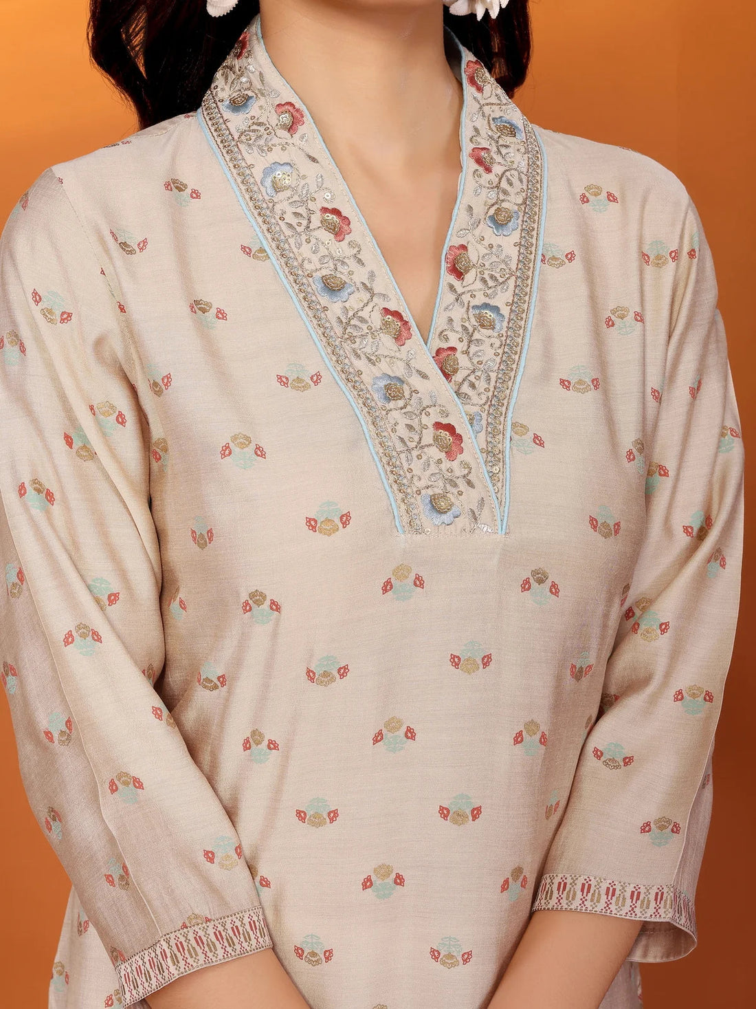 Buy Viscose Blend Embroidered Calf Length Straight Kurta-Beige