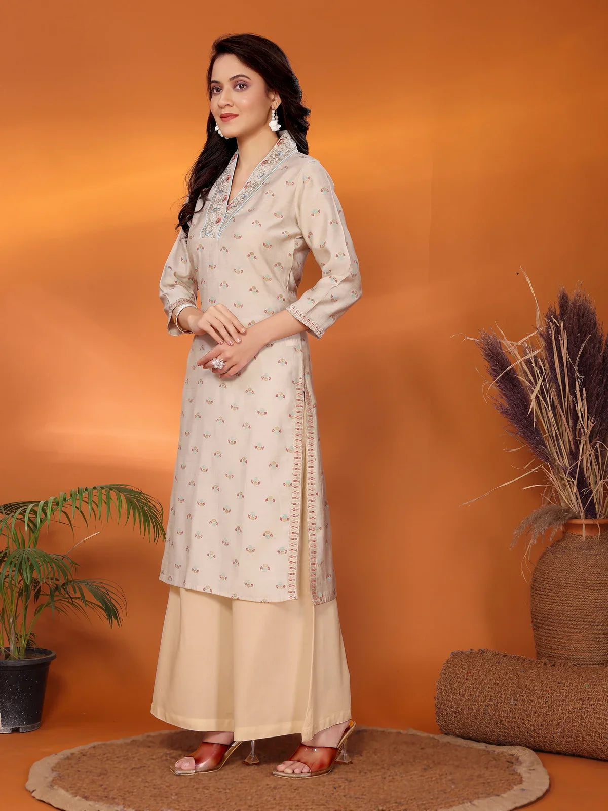 Buy Viscose Blend Embroidered Calf Length Straight Kurta-Beige