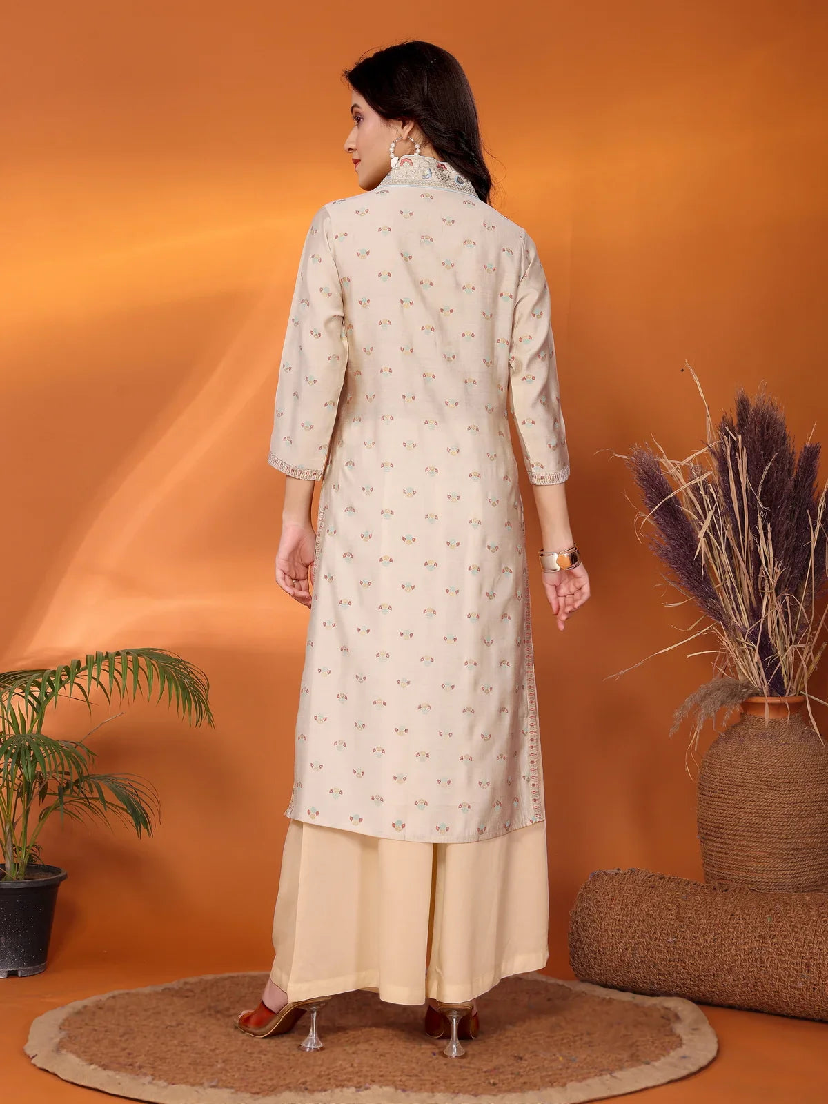 Buy Viscose Blend Embroidered Calf Length Straight Kurta-Beige