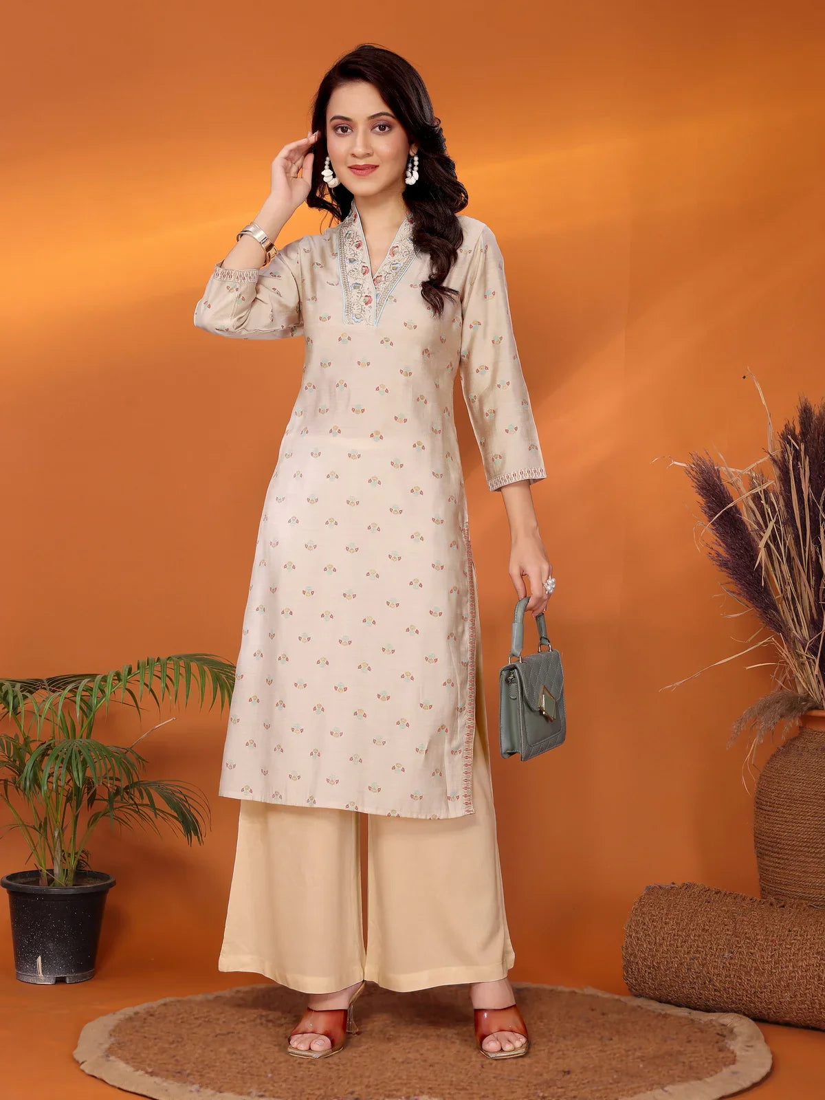 Buy Viscose Blend Embroidered Calf Length Straight Kurta-Beige