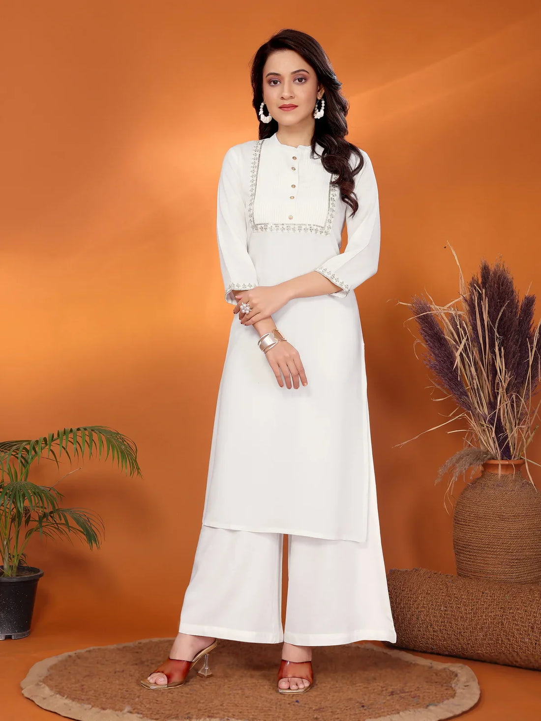 Buy Rayon Embroidered Calf Length Straight Kurta-Off White