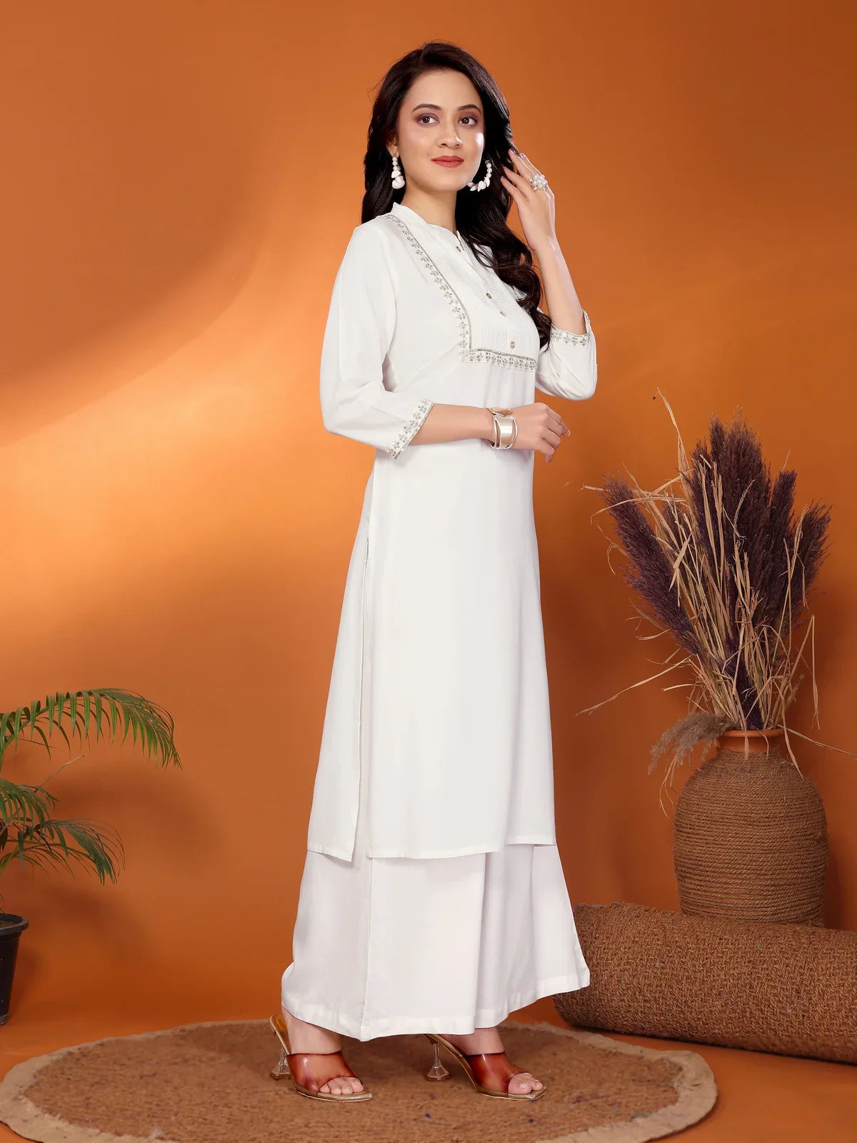 Buy Rayon Embroidered Calf Length Straight Kurta-Off White