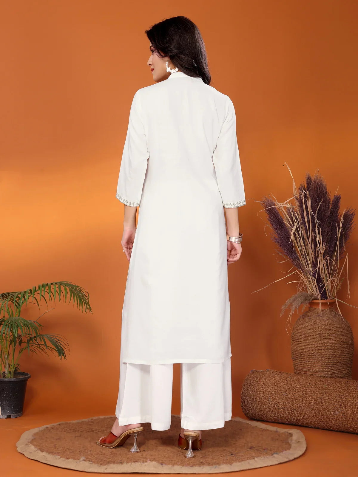 Buy Rayon Embroidered Calf Length Straight Kurta-Off White