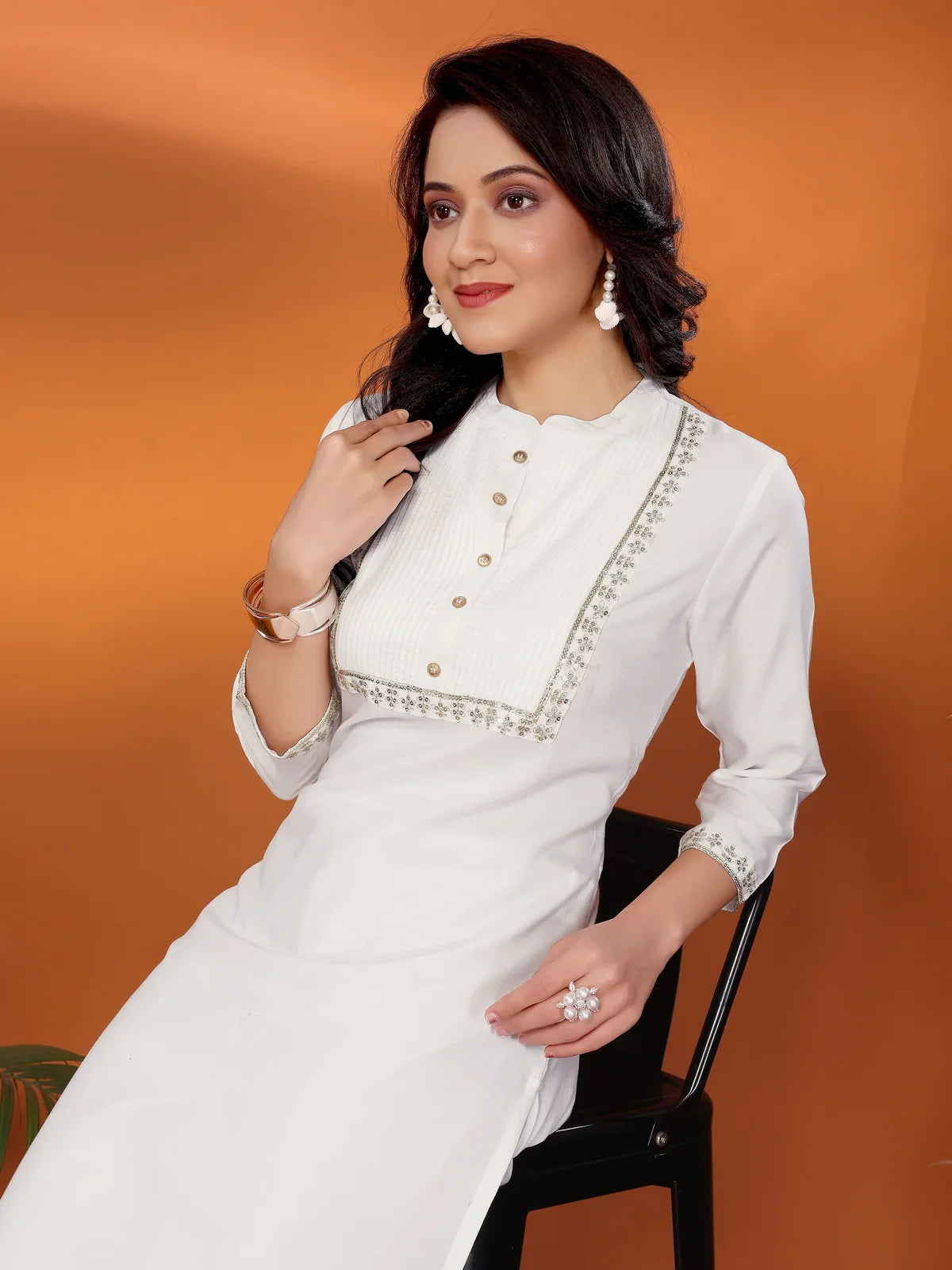 Buy Rayon Embroidered Calf Length Straight Kurta-Off White