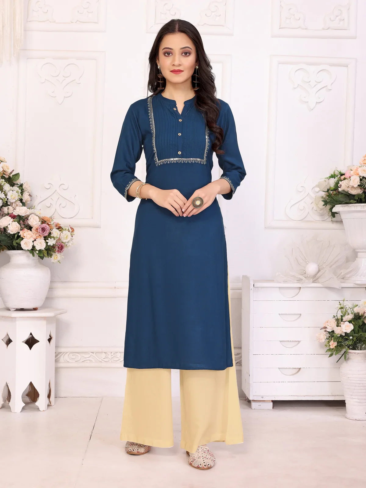 Buy Rayon Embroidered Calf Length Straight Kurta-Navy Blue