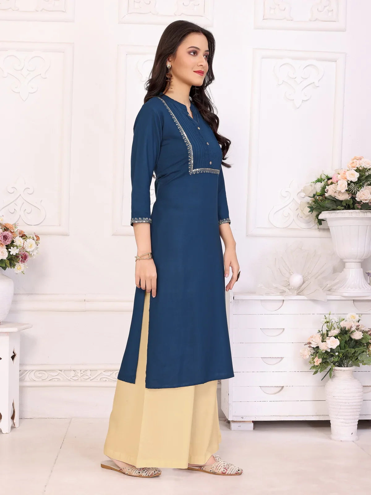 Buy Rayon Embroidered Calf Length Straight Kurta-Navy Blue