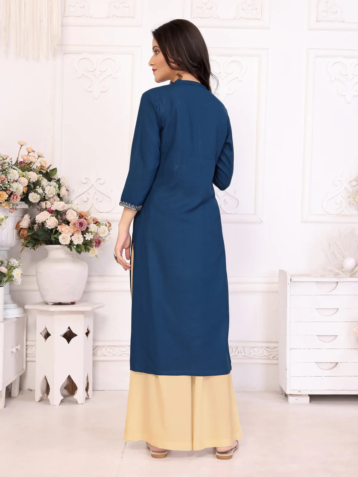 Buy Rayon Embroidered Calf Length Straight Kurta-Navy Blue