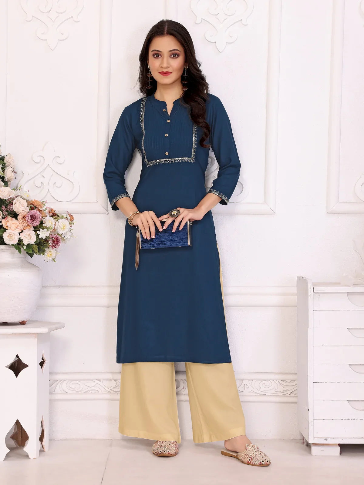 Buy Rayon Embroidered Calf Length Straight Kurta-Navy Blue