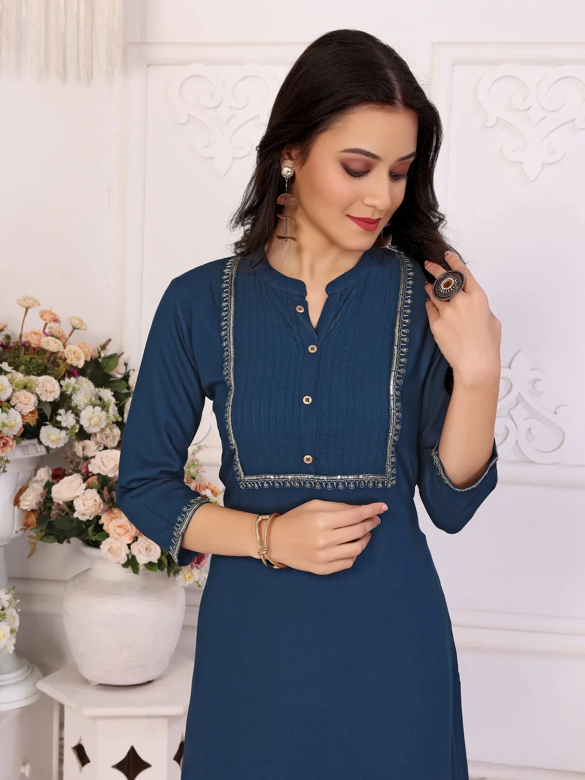 Buy Rayon Embroidered Calf Length Straight Kurta-Navy Blue