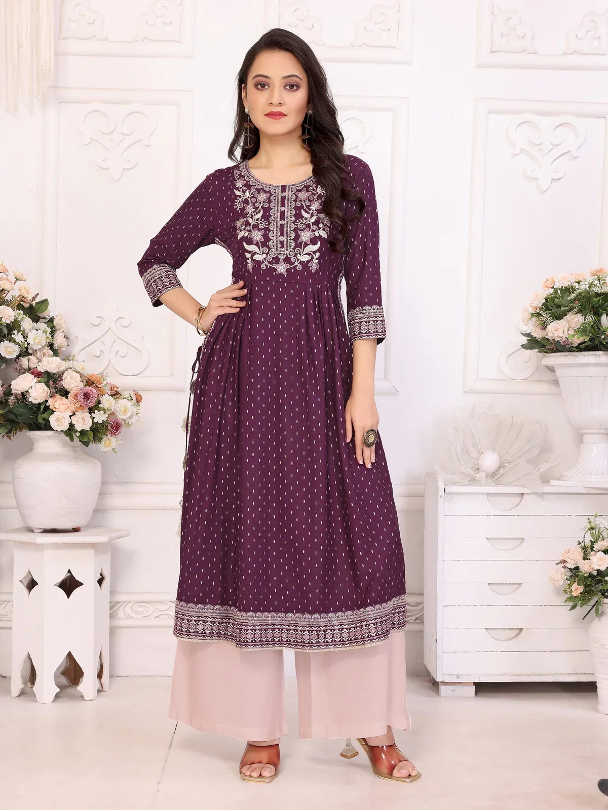 Buy Rayon Embroidered Calf Length Nayra Style Kurta-Wine