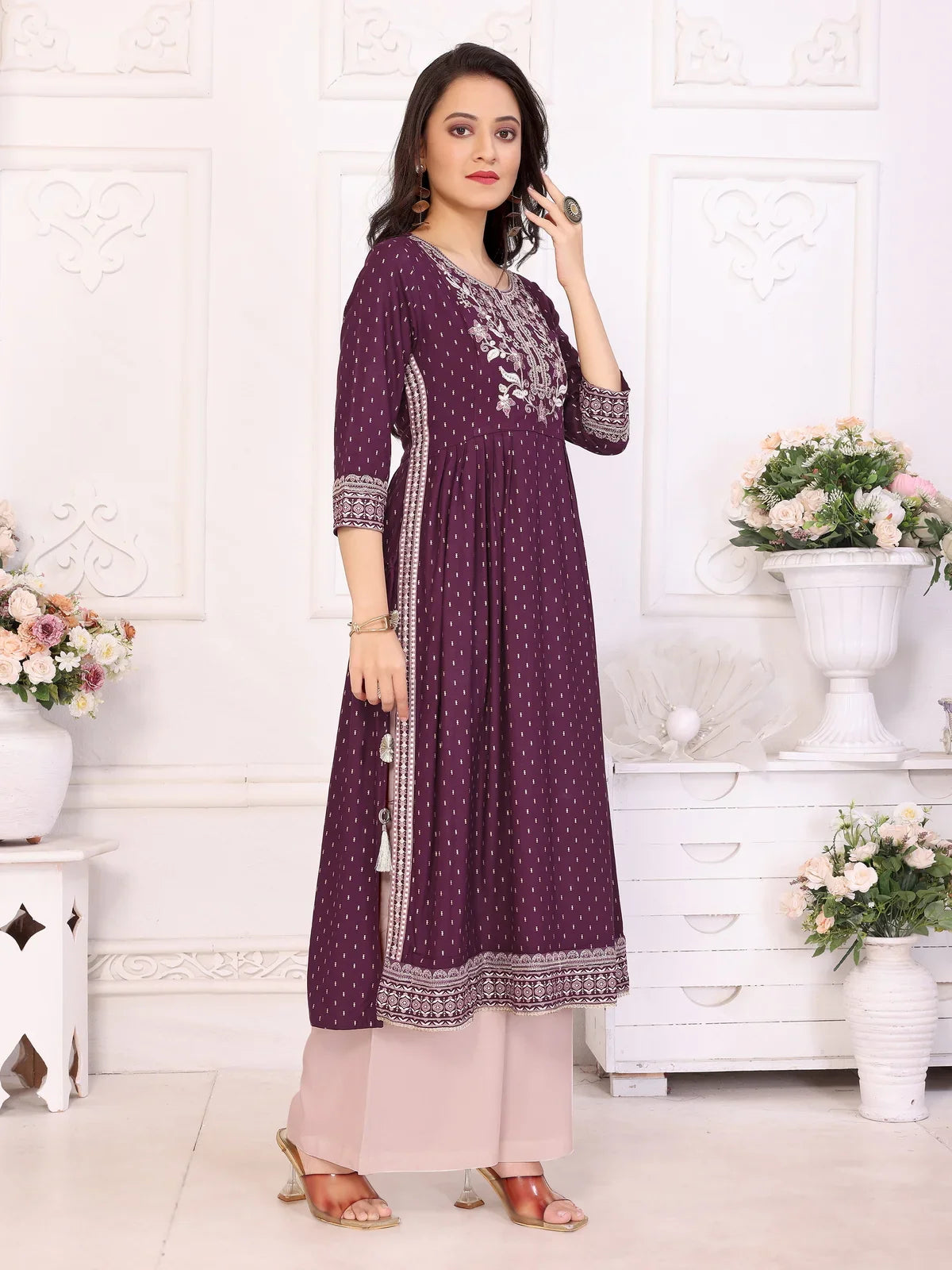 Buy Rayon Embroidered Calf Length Nayra Style Kurta-Wine