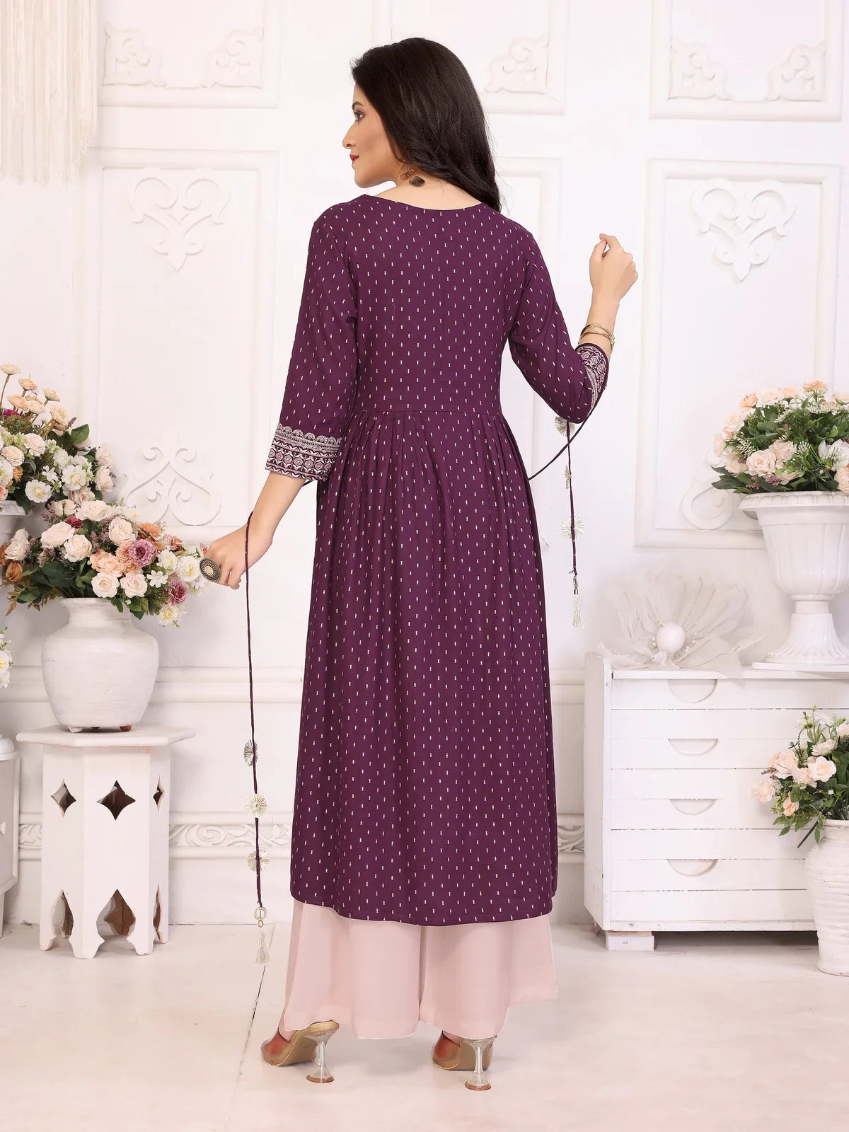 Buy Rayon Embroidered Calf Length Nayra Style Kurta-Wine