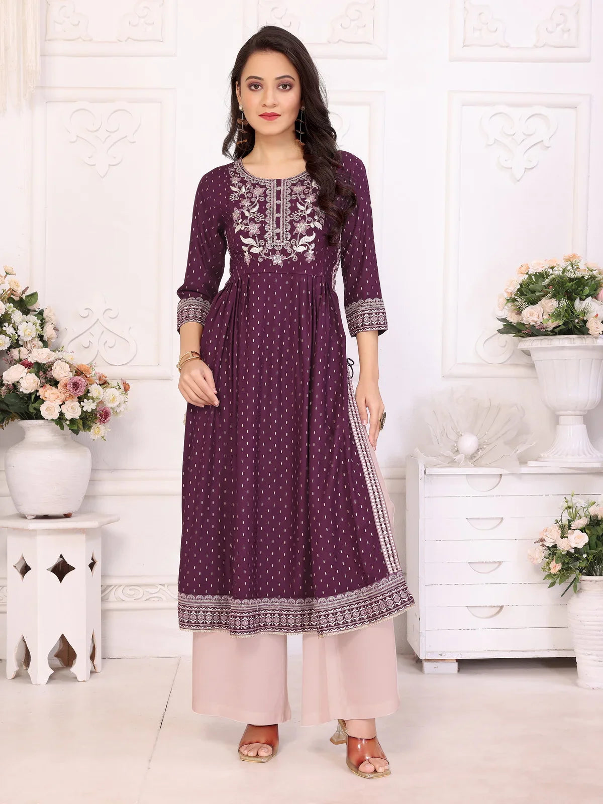 Buy Rayon Embroidered Calf Length Nayra Style Kurta-Wine