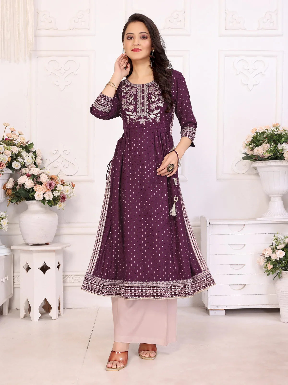 Buy Rayon Embroidered Calf Length Nayra Style Kurta-Wine