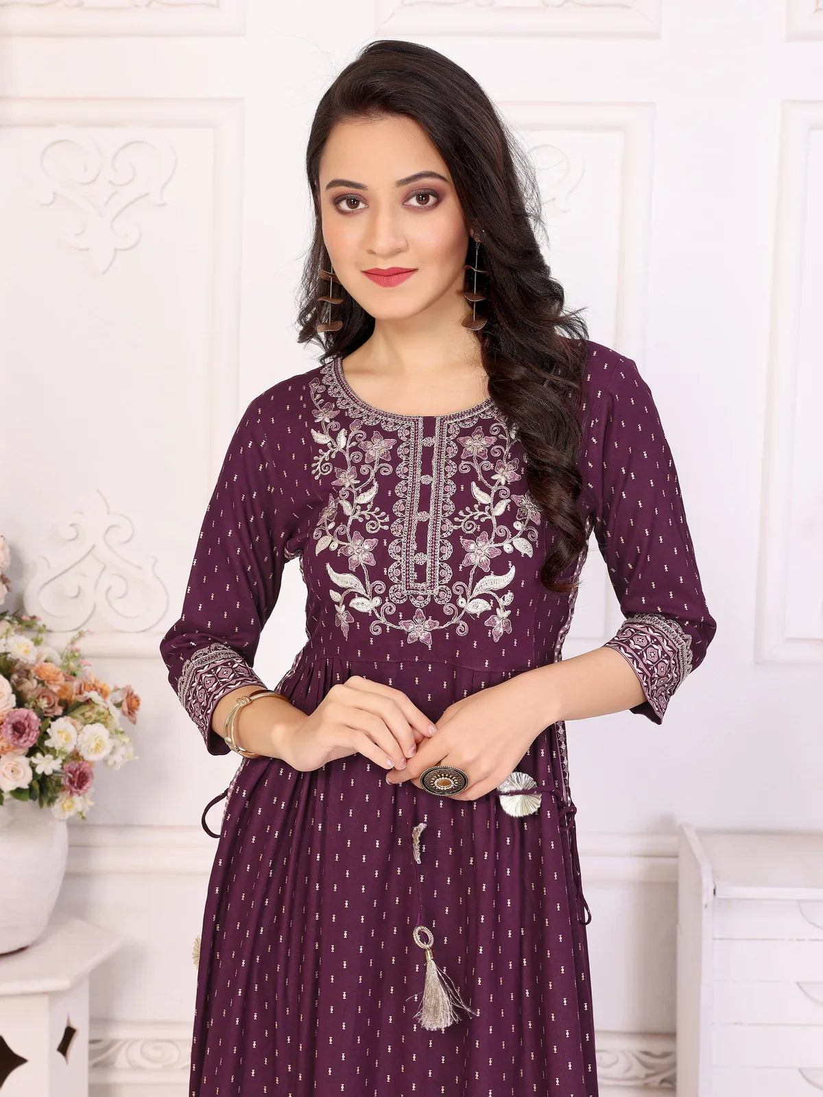 Buy Rayon Embroidered Calf Length Nayra Style Kurta-Wine